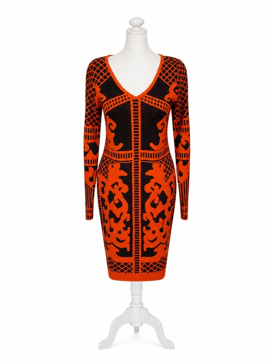 VENUS Dresses & Skirts - Venus Vibrant Orange & Black Patterned V‑Neck Knit Dress
